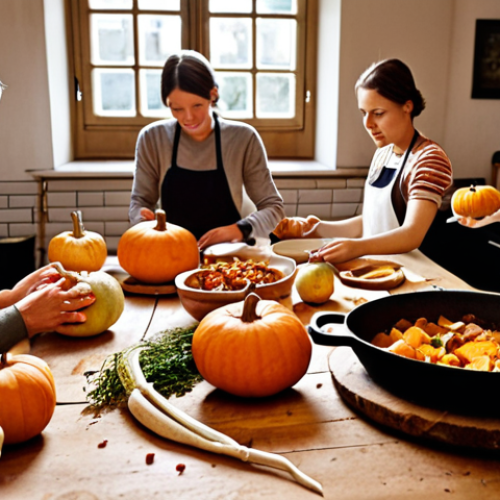 **

A vibrant, inviting cooking workshop scene in Sweden. Focus on seasonal ingredients like pumpkins, apples, and root vegetables arranged artfully on a wooden table. Participants are engaged in preparing a hearty autumn stew. Soft, natural light fills the room, highlighting the textures of the food and the warmth of the atmosphere.

**