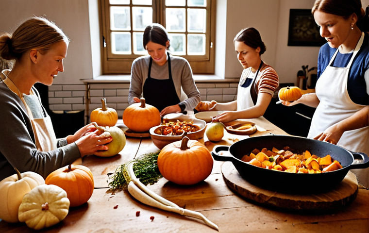 **

A vibrant, inviting cooking workshop scene in Sweden. Focus on seasonal ingredients like pumpkins, apples, and root vegetables arranged artfully on a wooden table. Participants are engaged in preparing a hearty autumn stew. Soft, natural light fills the room, highlighting the textures of the food and the warmth of the atmosphere.

**