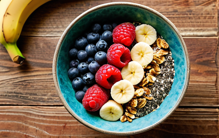 A vibrant smoothie bowl topped with fresh berries, granola, chia seeds, and sliced banana, arranged in an artistic pattern. The smoothie bowl itself should have a green hue, suggesting spinach or kale, and be served in a rustic ceramic bowl. Sunlight streams in from a nearby window, highlighting the textures and colors.
