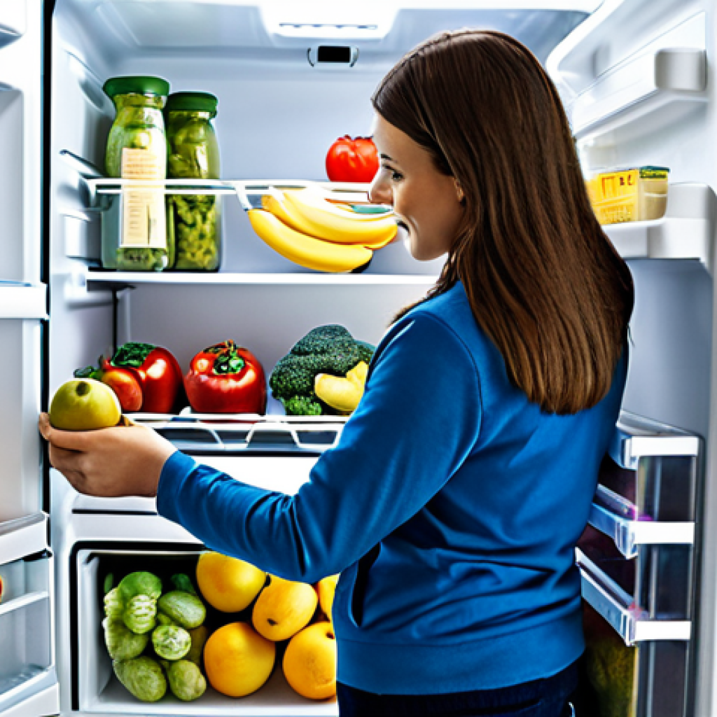 Smart Storage**
A well-organized refrigerator with clear, labeled containers filled with various food items. Fruits and vegetables are crisp and fresh. Different sections of the fridge are used for specific food types (dairy, meat, produce). Focus on demonstrating good food storage practices. Fully clothed person placing food in a container, appropriate content, safe for work, professional photography, perfect anatomy, natural proportions, modest setting, family-friendly.
**
