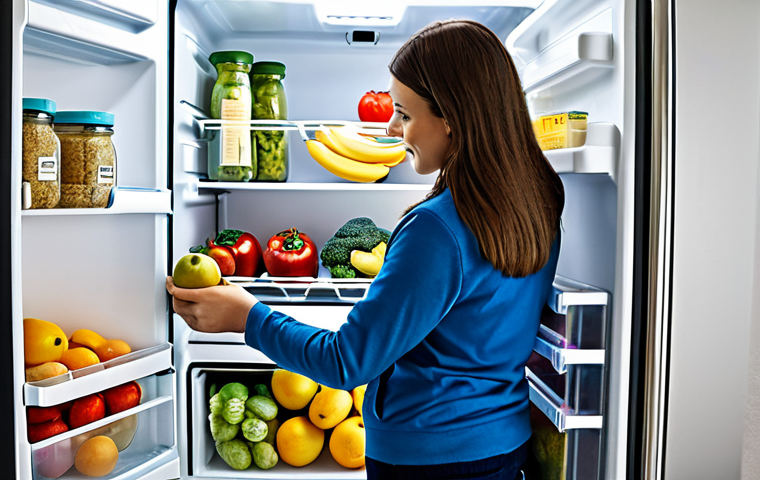 Smart Storage**

A well-organized refrigerator with clear, labeled containers filled with various food items. Fruits and vegetables are crisp and fresh. Different sections of the fridge are used for specific food types (dairy, meat, produce). Focus on demonstrating good food storage practices.  Fully clothed person placing food in a container, appropriate content, safe for work, professional photography, perfect anatomy, natural proportions, modest setting, family-friendly.

**