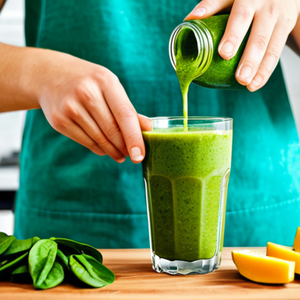 식재료를 활용한 스무디 레시피 - Green Smoothie Power**
"A vibrant green smoothie being poured into a glass, showcasing the texture ...