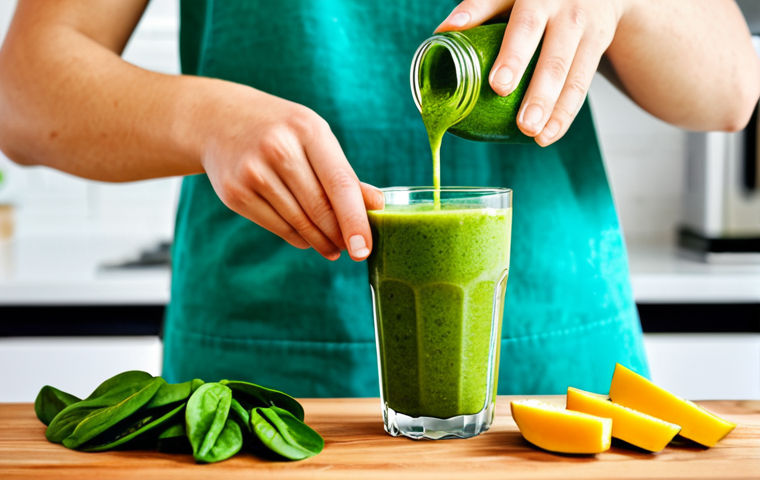 식재료를 활용한 스무디 레시피 - Green Smoothie Power**
"A vibrant green smoothie being poured into a glass, showcasing the texture ...