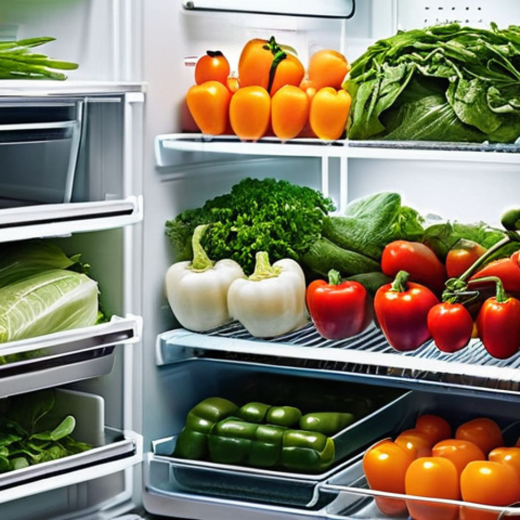 식재료 활용을 위한 기초 조리 기술 - **Prompt:** A brightly lit, modern Scandinavian-style kitchen refrigerator, with its door open revea...