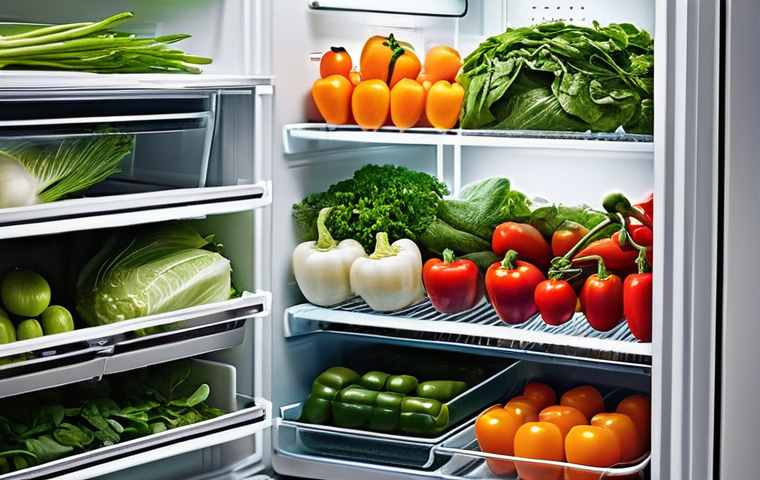 식재료 활용을 위한 기초 조리 기술 - **Prompt:** A brightly lit, modern Scandinavian-style kitchen refrigerator, with its door open revea...