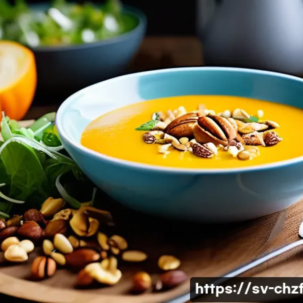 식재료 활용으로 만든 특별한 음식 조합 - A vibrant, colorful Scandinavian dining table featuring a creamy pumpkin soup topped with crunchy ro...