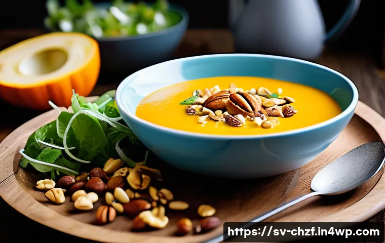 식재료 활용으로 만든 특별한 음식 조합 - A vibrant, colorful Scandinavian dining table featuring a creamy pumpkin soup topped with crunchy ro...