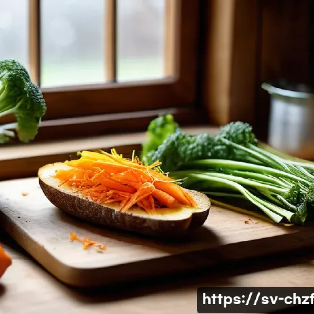 식재료 남김없이 활용하는 똑똑한 요리법 - A rustic Scandinavian kitchen scene showcasing a wooden cutting board filled with fresh vegetables i...