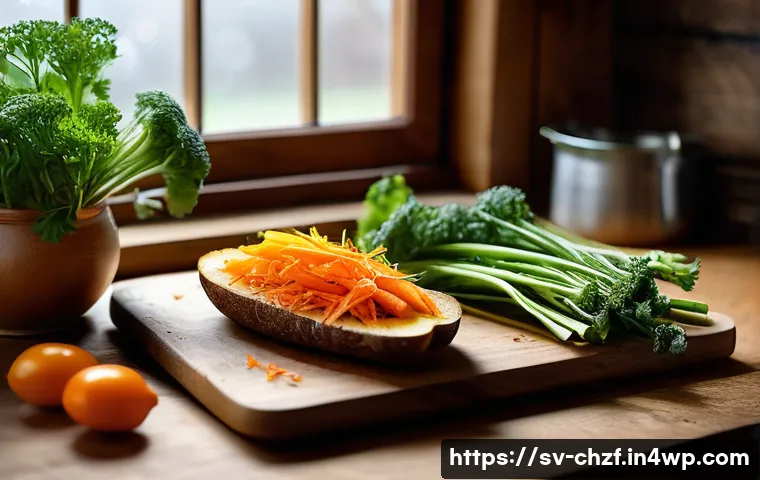 식재료 남김없이 활용하는 똑똑한 요리법 - A rustic Scandinavian kitchen scene showcasing a wooden cutting board filled with fresh vegetables i...