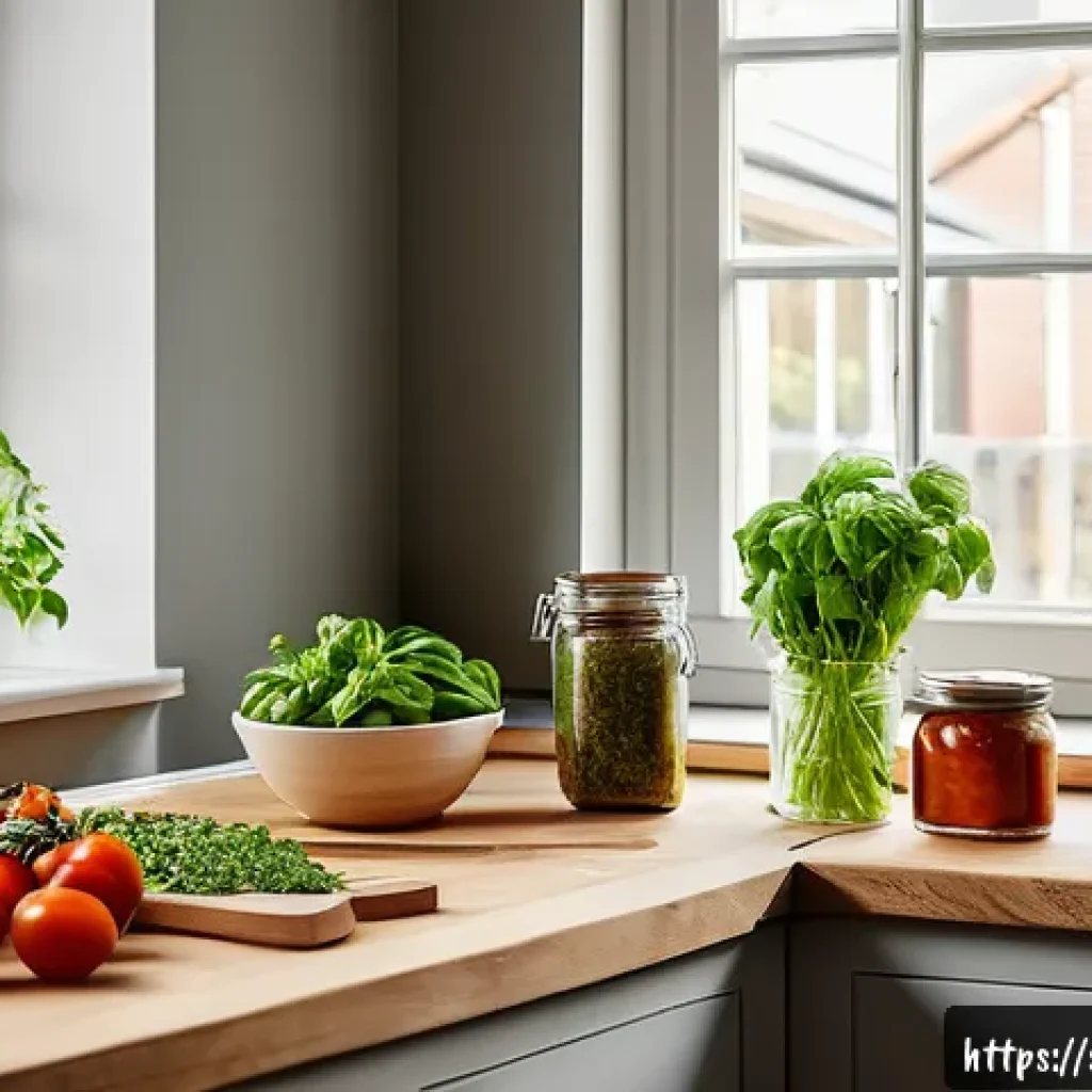 식재료 활용을 위한 초간단 요리법 - A vibrant, inviting kitchen scene showing a Scandinavian-style wooden table with an array of fresh h...