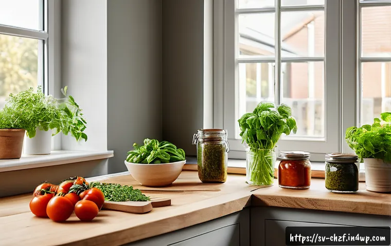 식재료 활용을 위한 초간단 요리법 - A vibrant, inviting kitchen scene showing a Scandinavian-style wooden table with an array of fresh h...