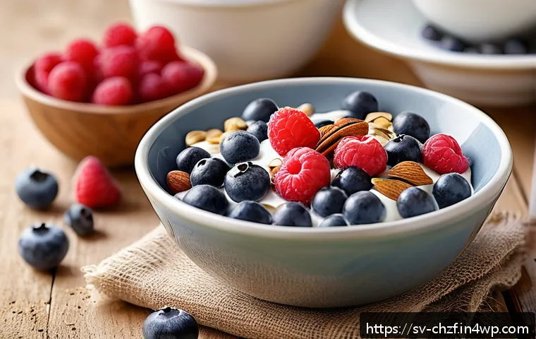 식재료 활용으로 만드는 특별한 아침 메뉴 - A cozy breakfast scene featuring a rustic wooden table set with a creamy bowl of natural yogurt topp...