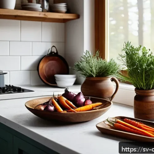 Home 33 식재료를 활용하여 만드는 요리 예술 - A vibrant and rustic Scandinavian kitchen scene featuring a wooden table with an assortment of roast...