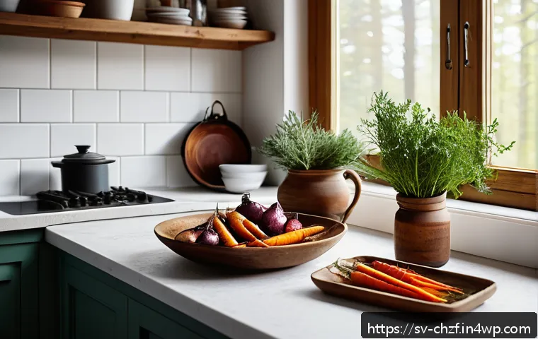 식재료를 활용하여 만드는 요리 예술 - A vibrant and rustic Scandinavian kitchen scene featuring a wooden table with an assortment of roast...