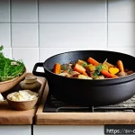 Home 19 식재료 활용 요리 한 그릇으로 해결하기 - A rustic Swedish kitchen scene showcasing a hearty vegetable stew simmering in a large cast iron pot...