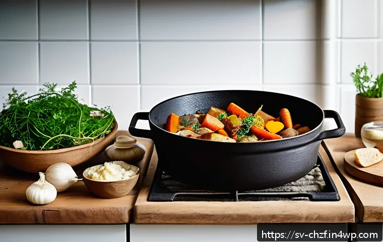 식재료 활용 요리 한 그릇으로 해결하기 - A rustic Swedish kitchen scene showcasing a hearty vegetable stew simmering in a large cast iron pot...