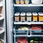 Home 18 식재료 활용을 위한 냉장고 정리 방법 - A modern Scandinavian-style refrigerator interior showcasing optimized storage zones: the top shelf ...