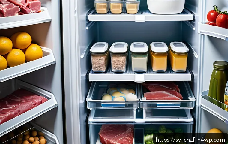 식재료 활용을 위한 냉장고 정리 방법 - A modern Scandinavian-style refrigerator interior showcasing optimized storage zones: the top shelf ...