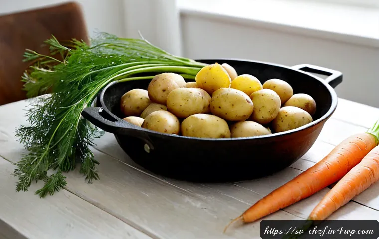 Home 17 식재료 활용 재료 본연의 맛 살리기 - Photorealistic Nordic home kitchen, close-up of fresh seasonal ingredients arranged simply on a pale...